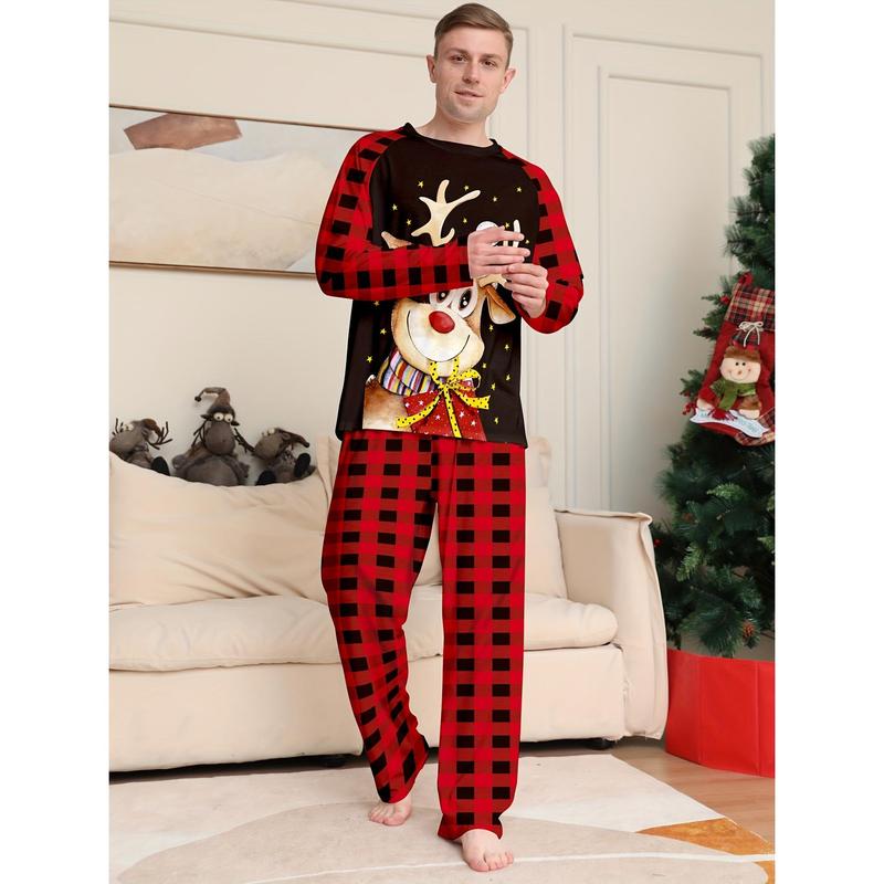 Men's Casual Christmas Home Pajamas Set, Cute Reindeer Cartoon Print Comfy Long Sleeve Crew Neck Sweatshirt & Plaid Loose Pants, Men's Outdoor Clothing