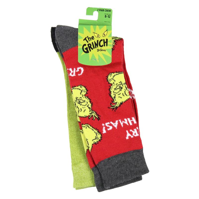 Dr Seuss GRINCH Character Adult Holiday Crew Socks 2 Pair