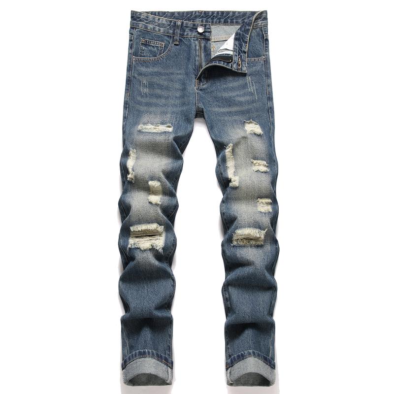 Men's Fashion Ripped Classic Distressed Straight Slim Fit Designer Jeans For Men Denim Pants