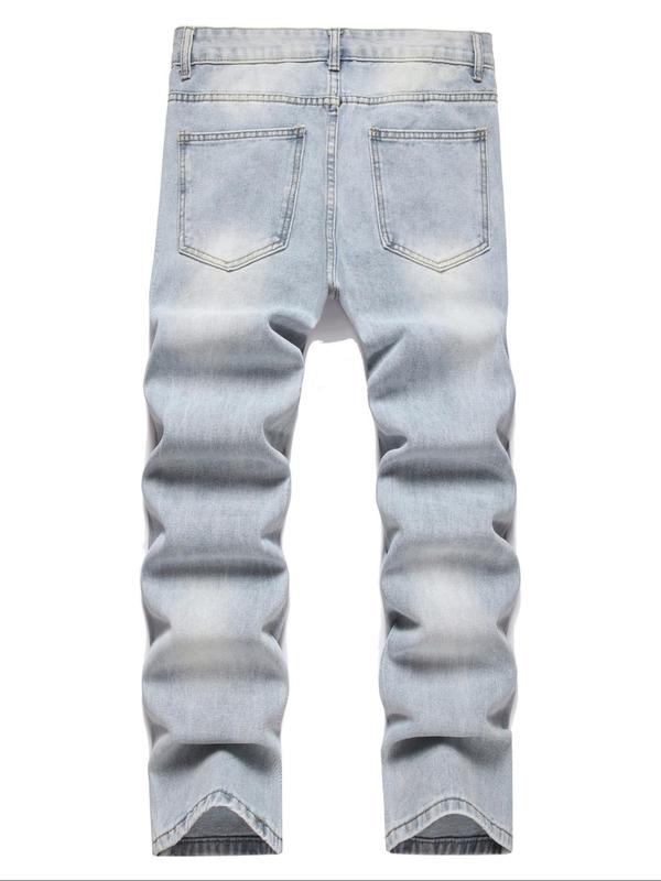 Men's Ripped Button Fly Straight Leg Jeans, Loose Casual Comfy Washed Denim Pants for Daily Wear, Woven Bottoms for All Seasons