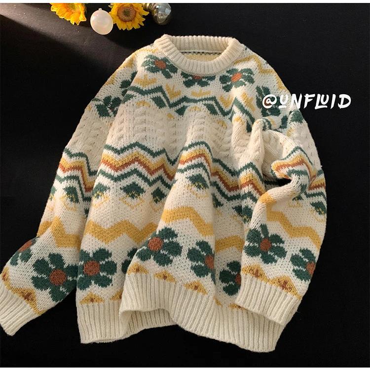 Avocado Green Sweater Men's Japanese Languid Vintage Knitted Top Men's Fairy Island Striped Couple Sweater Oversize Sweater