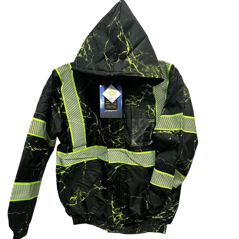 203 Men's Winter Camouflage Lime or Black Bomber Jacket hood with Reflecting Tape - safety Coats, Menswear