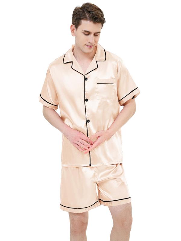 2 Pieces Men's Satin Contrast Binding Pyjama Set, Casual Pocket Shirt & Sleep Shorts, Mens Nightwear, Summer Clothes, Men's Sleepwear & Loungewear Set, Men's Clothing Wear