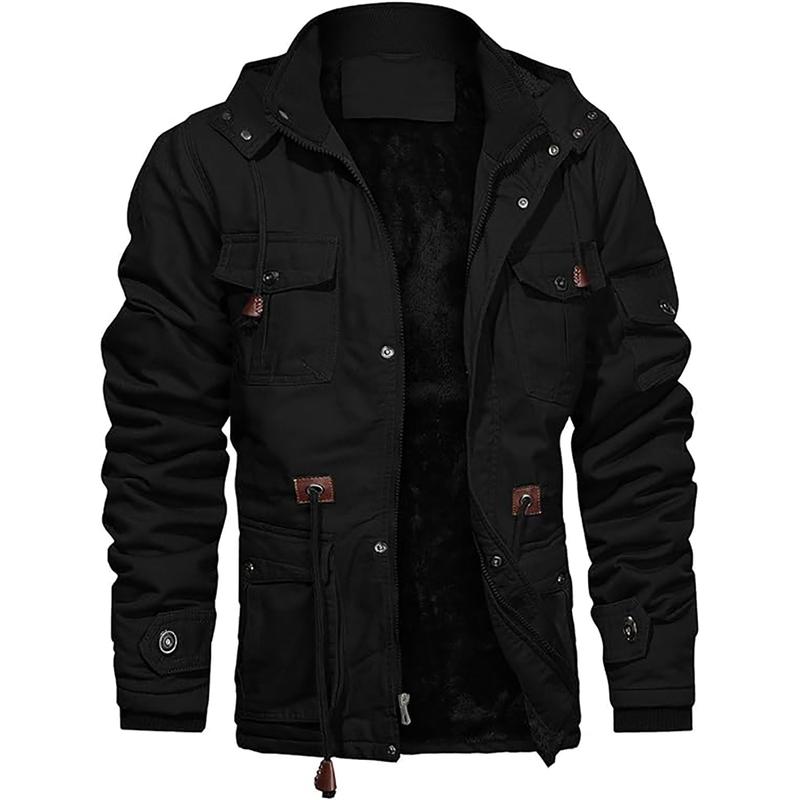 Men's Thick Winter Jackets with Hood Fleece Lining Cotton Military Jackets Work Jackets with Cargo Pockets Outwear Men's Designer Clothes, Regular Fit Casual Warm Long Sleeve Outerwear for Fall & Winter, Streetwear, Fall Jackets for Men