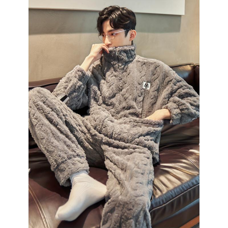 Winter Thickened Plus Velvet Coral Fleece Men's Pajamas Stand Collar Zipper Style Two-piece Set Autumn And Winter Sky Flannel Loungewear