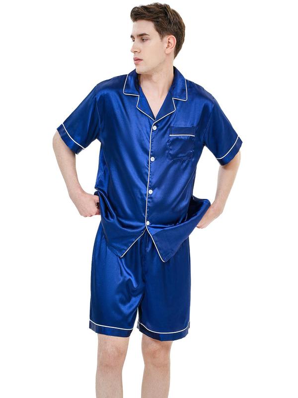 2 Pieces Men's Satin Contrast Binding Pyjama Set, Casual Pocket Shirt & Sleep Shorts, Mens Nightwear, Summer Clothes, Men's Sleepwear & Loungewear Set, Men's Clothing Wear