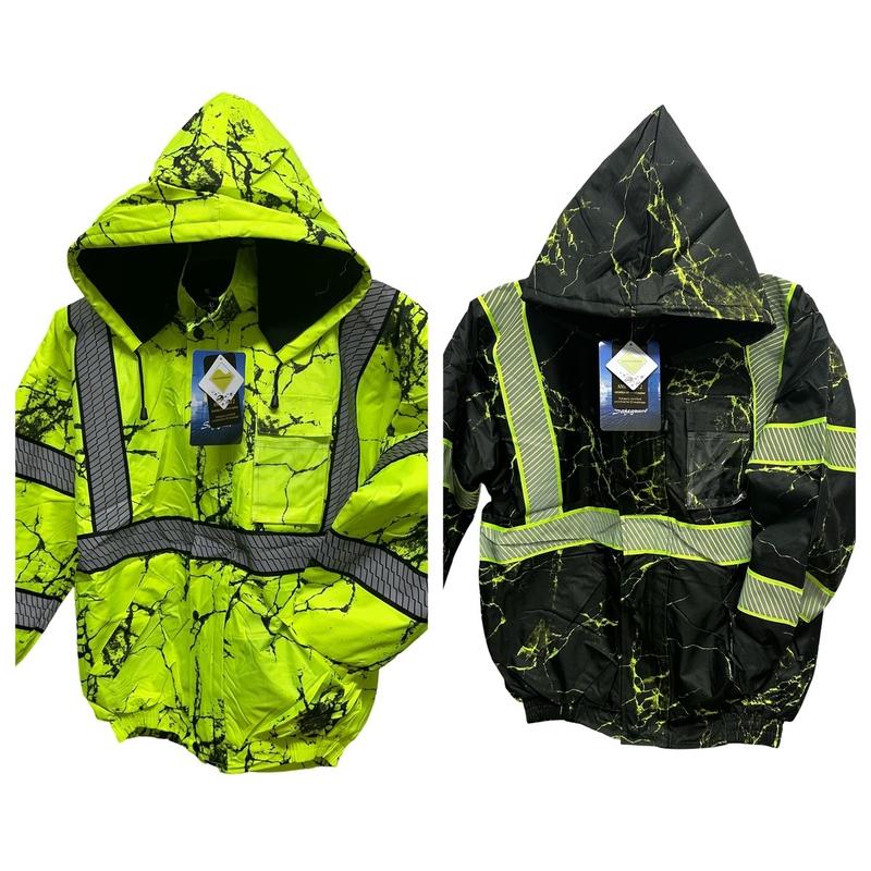 203 Men's Winter Camouflage Lime or Black Bomber Jacket hood with Reflecting Tape - safety Coats, Menswear