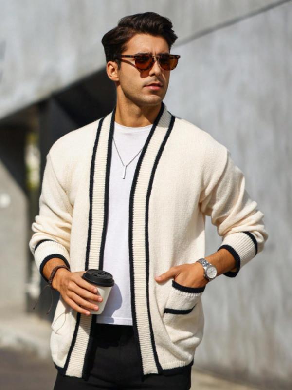 Men's Contrast Binding Pocket Cardigan, Regular Fit Casual Long Sleeve Open Front Knitwear for Fall & Winter, Men's Knit Clothing for Daily Wear