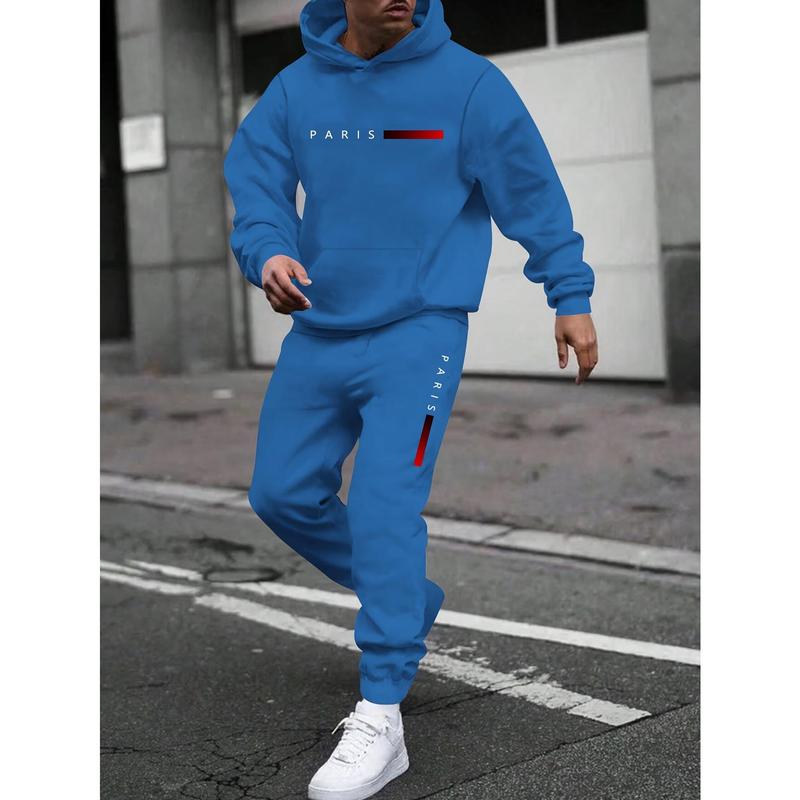 Sporty Elegance, Men's Casual Printed Hoodie & Drawstring Sweatpants Set - Polyester, Machine Washable, Long Sleeve, Fall Winter Fashion