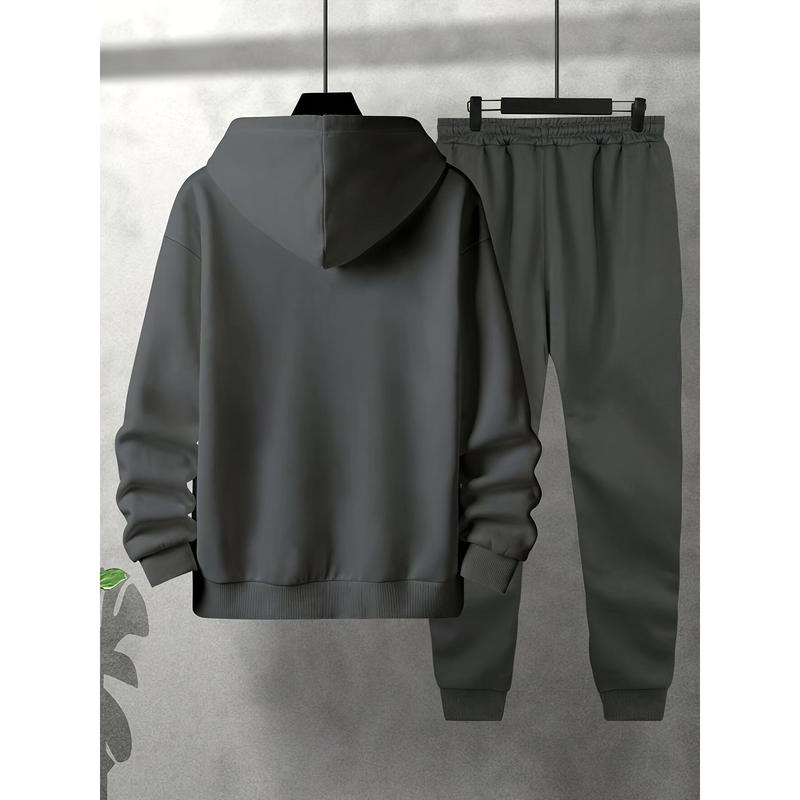 Sporty Elegance, Men's Casual Printed Hoodie & Drawstring Sweatpants Set - Polyester, Machine Washable, Long Sleeve, Fall Winter Fashion