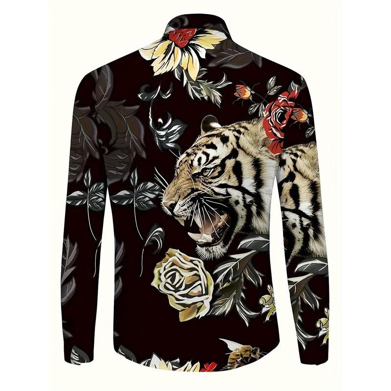 Men's Long Sleeve Tiger Pattern Printed Shirt Fashion Polo Collar Casual Shirt