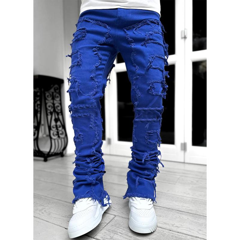 Stretch Fit Skinny Jeans for Men Stacked Ripped Destroyed Jeans Slim Fit Patch Y2K Denim Pants Slim Fit Trousers Streetwear Camo Jeans