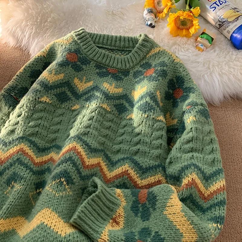 Avocado Green Sweater Men's Japanese Languid Vintage Knitted Top Men's Fairy Island Striped Couple Sweater Oversize Sweater