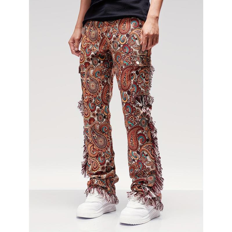 Butterfly Pattern & Raw Hem Design Men's Vintage Street Loose Straight Leg Long Pants, Men's Hip Hop Style Denim Pants For Outdoor