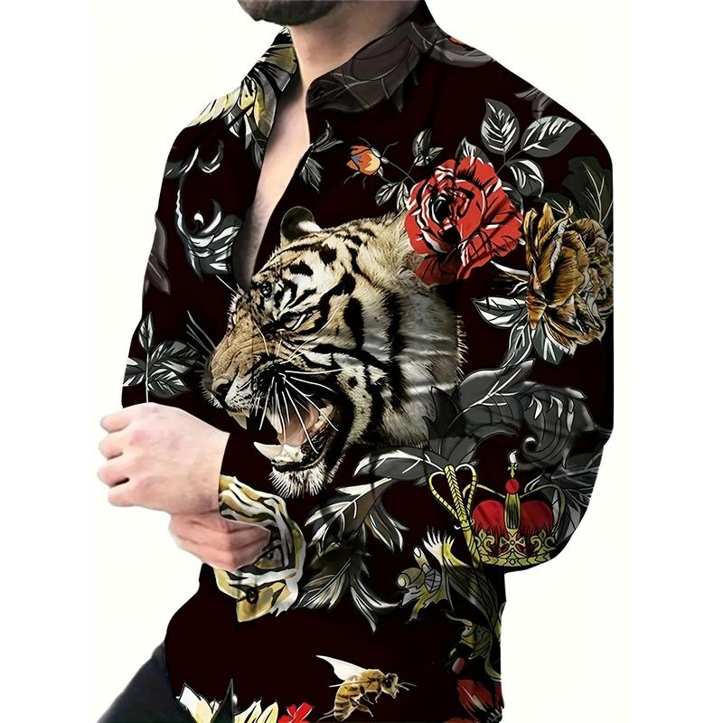 Men's Long Sleeve Tiger Pattern Printed Shirt Fashion Polo Collar Casual Shirt