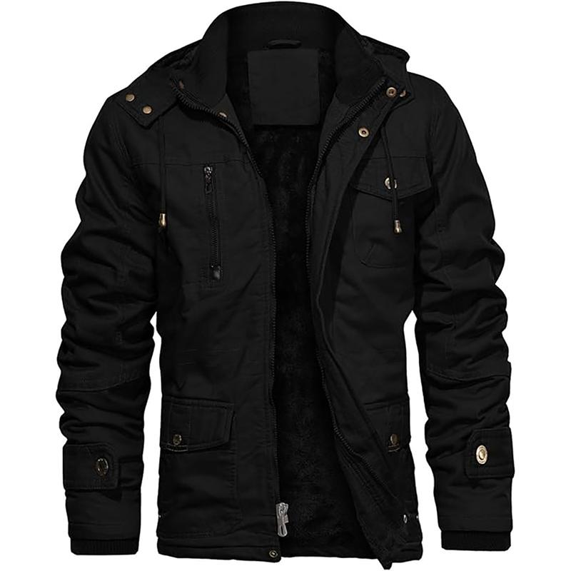 Men's Winter Cotton Military Work Jacket with Hood, Fleece Lining, Cargo Pockets, and Zipper - Longsleeves Menswear Casual Plain Coats Polyester Stylish