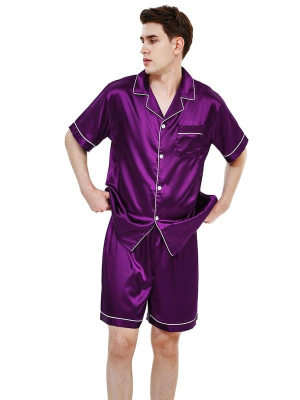 2 Pieces Men's Satin Contrast Binding Pyjama Set, Casual Pocket Shirt & Sleep Shorts, Mens Nightwear, Summer Clothes, Men's Sleepwear & Loungewear Set, Men's Clothing Wear