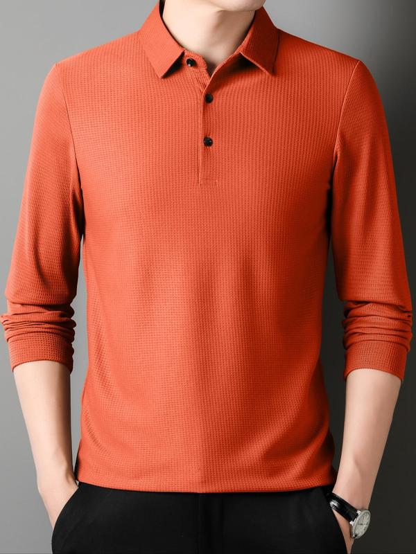 Men's Solid Long Sleeve Polo Shirt, Regular Fit Casual Button Collared Top for Spring & Fall, Fashion Men's Clothes for Daily Wear