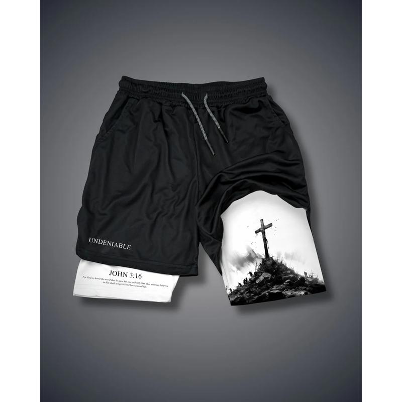 John 3:16 The Cross Performance Shorts Shorts Men's Cross & Letter Print 2 in 1 Drawstring Waist Shorts, Loose Casual Pocket Track Shorts for Summer, Fashion Men's Bottoms for Daily Wear athletic sport fall sport athletic short