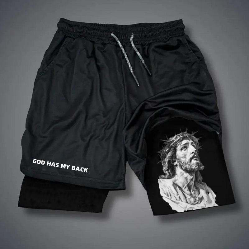 John 3:16 The Cross Performance Shorts Shorts Men's Cross & Letter Print 2 in 1 Drawstring Waist Shorts, Loose Casual Pocket Track Shorts for Summer, Fashion Men's Bottoms for Daily Wear athletic sport fall sport athletic short