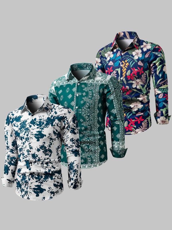 Men's Random Plants Print Button Front Shirt, Men's Long Sleeve Collared Top for Fall & Winter, Casual Men's Clothes for Daily Wear, Fall Outfits 2024