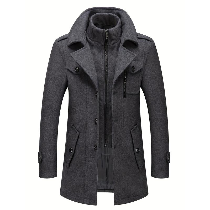 winter coats for menStylish Men's Wool Blend Pea Coat - Stand Collar, Removable Inner Collar, Single Breasted, Warm Overcoat for Winter - Classic, Versatile, and Timeless Design