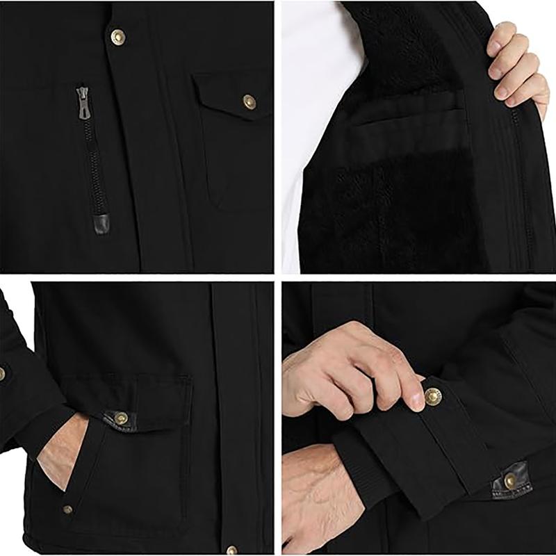 Men's Winter Cotton Military Work Jacket with Hood, Fleece Lining, Cargo Pockets, and Zipper - Longsleeves Menswear Casual Plain Coats Polyester Stylish