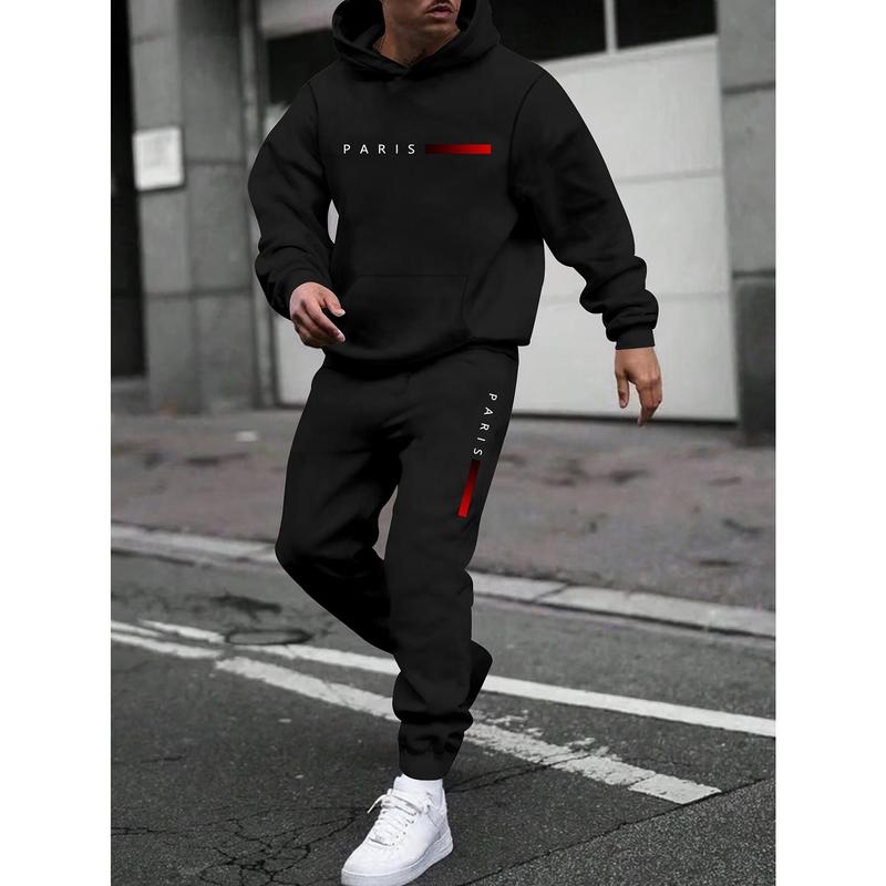 Sporty Elegance, Men's Casual Printed Hoodie & Drawstring Sweatpants Set - Polyester, Machine Washable, Long Sleeve, Fall Winter Fashion