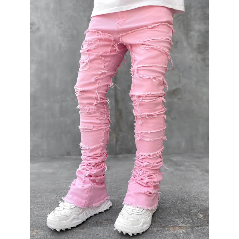 Stretch Fit Skinny Jeans for Men Stacked Ripped Destroyed Jeans Slim Fit Patch Y2K Denim Pants Slim Fit Trousers Streetwear Camo Jeans