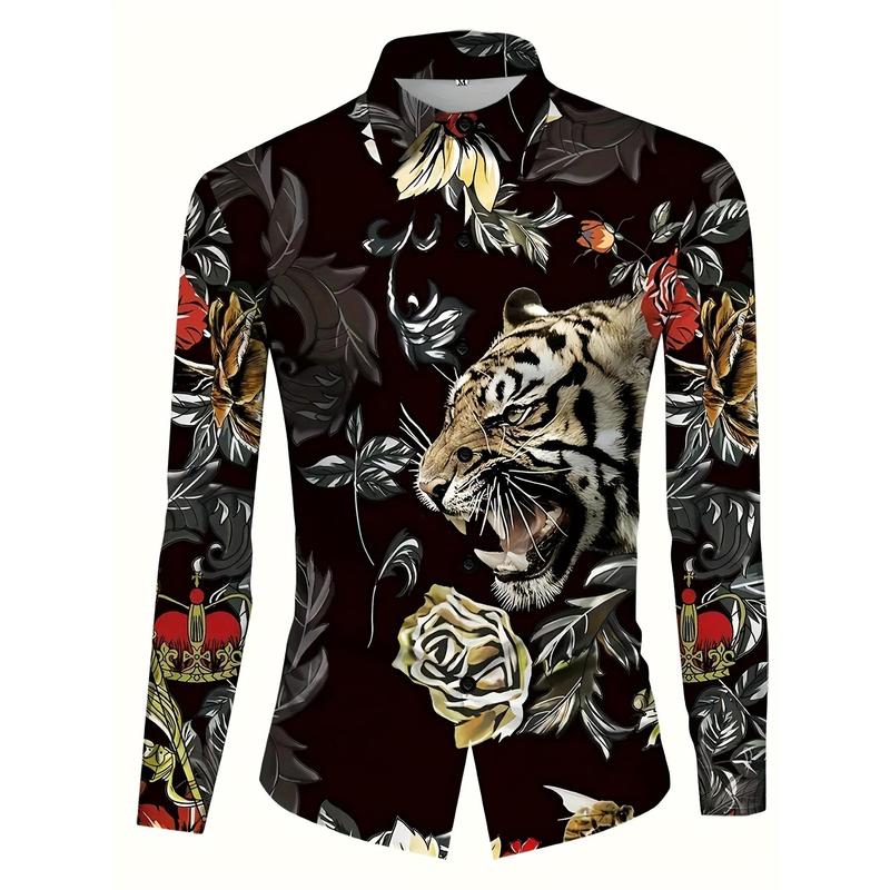 Men's Long Sleeve Tiger Pattern Printed Shirt Fashion Polo Collar Casual Shirt