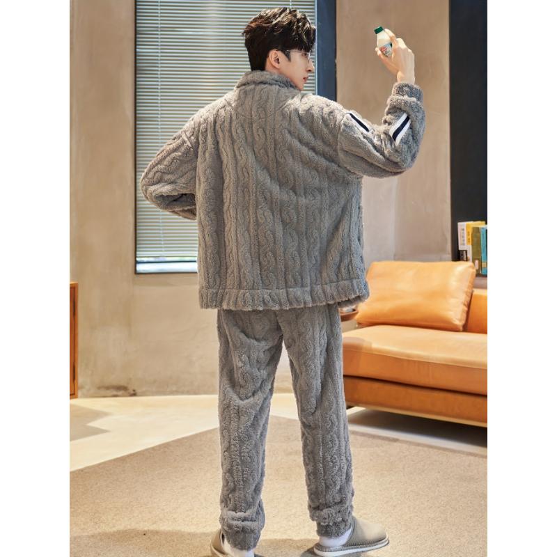 Winter Thickened Plus Velvet Coral Fleece Men's Pajamas Stand Collar Zipper Style Two-piece Set Autumn And Winter Sky Flannel Loungewear