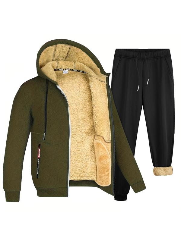 Two-piece Set Men's Solid Thermal Lined Zip Up Hooded Jacket & Drawstring Waist Pants Suits, Regular Fit Casual Long Sleeve Hooded Outerwear & Pocket Jogger Pants, Menswear Two-piece Outfits Clothing for Fall & Winter