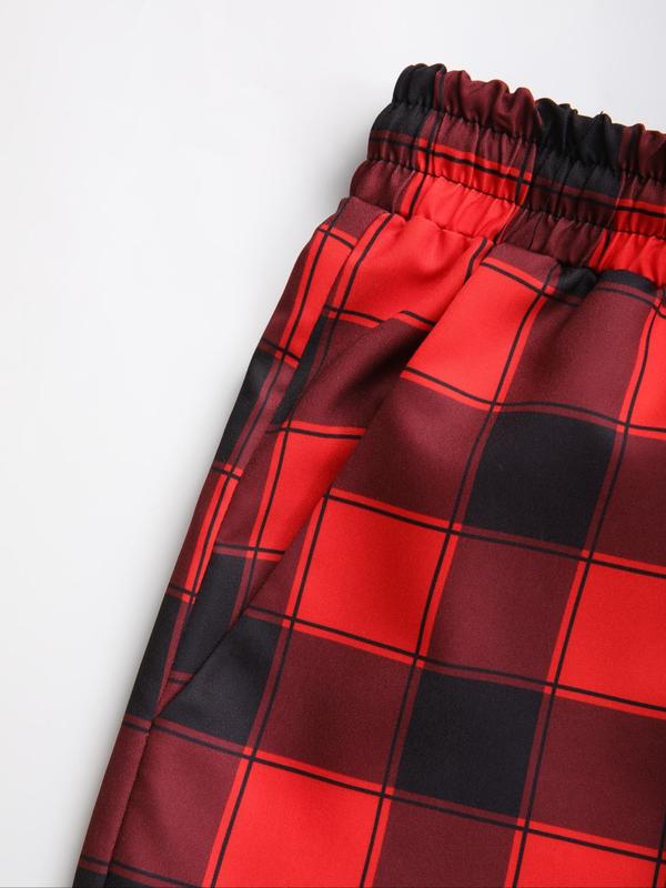 Men's Plaid Print Drawstring Waist Straight Leg Pants, Loose Casual Comfy Pocket Elastic Waist Trousers for Spring & Summer, Men's Bottoms for Daily Wear