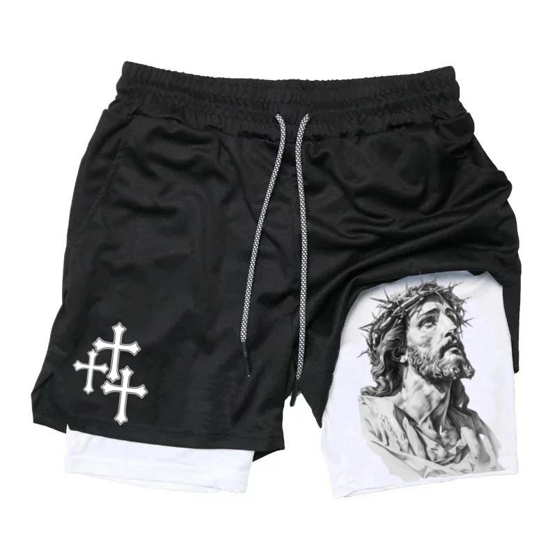 John 3:16 The Cross Performance Shorts Shorts Men's Cross & Letter Print 2 in 1 Drawstring Waist Shorts, Loose Casual Pocket Track Shorts for Summer, Fashion Men's Bottoms for Daily Wear athletic sport fall sport athletic short