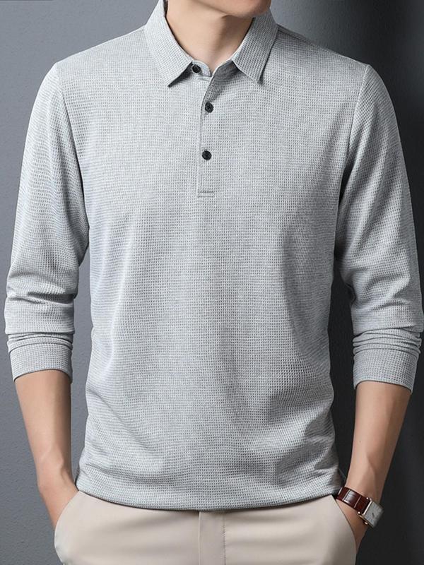 Men's Solid Long Sleeve Polo Shirt, Regular Fit Casual Button Collared Top for Spring & Fall, Fashion Men's Clothes for Daily Wear