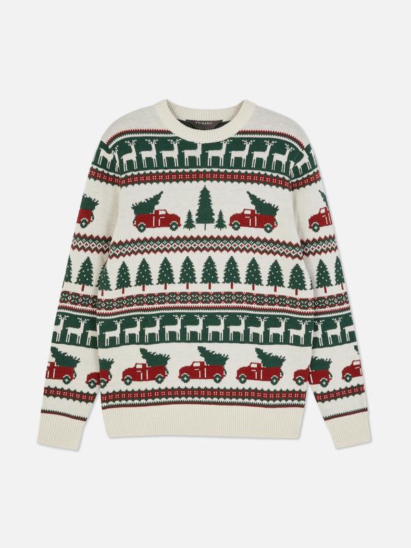 Cozy Ugly Christmas Sweater, Ugly Christmas Sweater with Reindeer, Trees, and Holiday Truck Design – Festive Knit for Holiday Parties