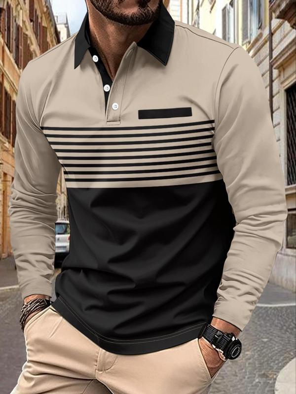 Men's Colorblock Striped Print Polo Shirt, Regular Fit Casual Long Sleeve Button Front Top for Spring & Fall, Fashion Men's Clothes for Daily Wear