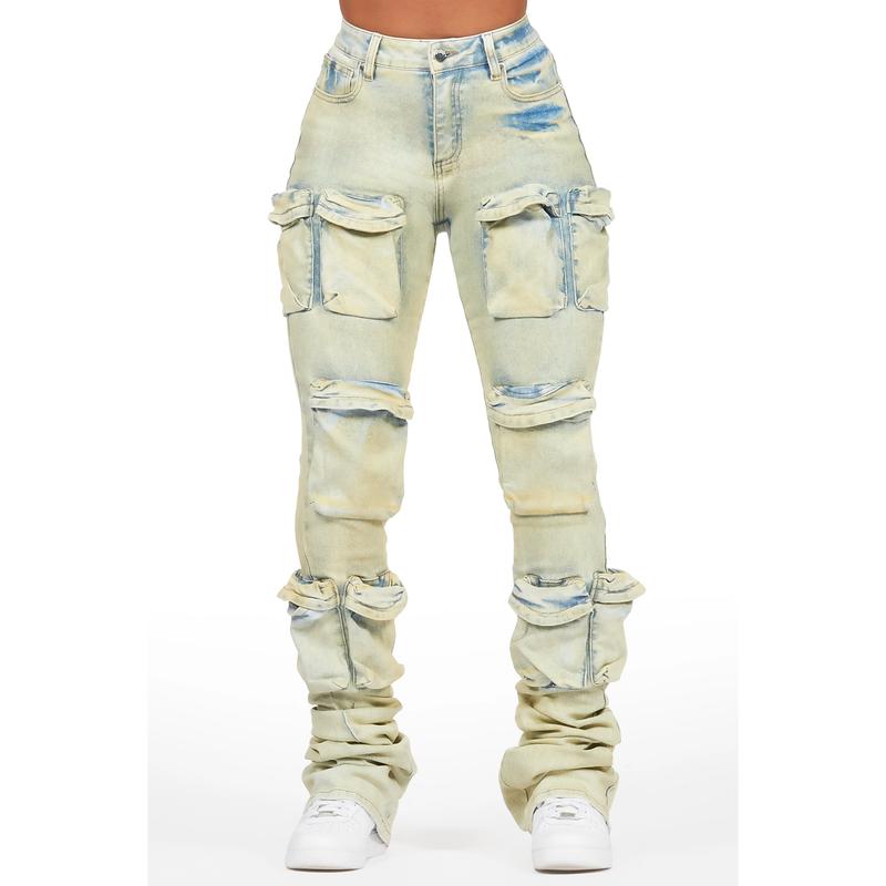 Alliyah Tinted Dirty Wash Cargo Super Stacked Jean