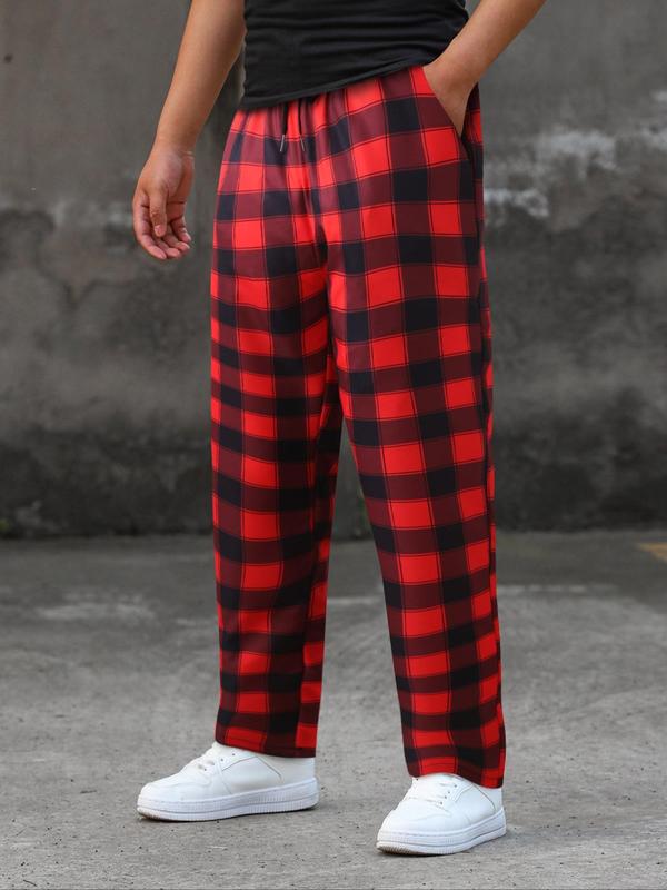 Men's Plaid Print Drawstring Waist Straight Leg Pants, Loose Casual Comfy Pocket Elastic Waist Trousers for Spring & Summer, Men's Bottoms for Daily Wear