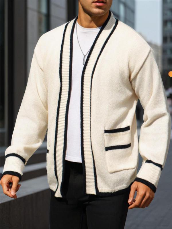 Men's Contrast Binding Pocket Cardigan, Regular Fit Casual Long Sleeve Open Front Knitwear for Fall & Winter, Men's Knit Clothing for Daily Wear