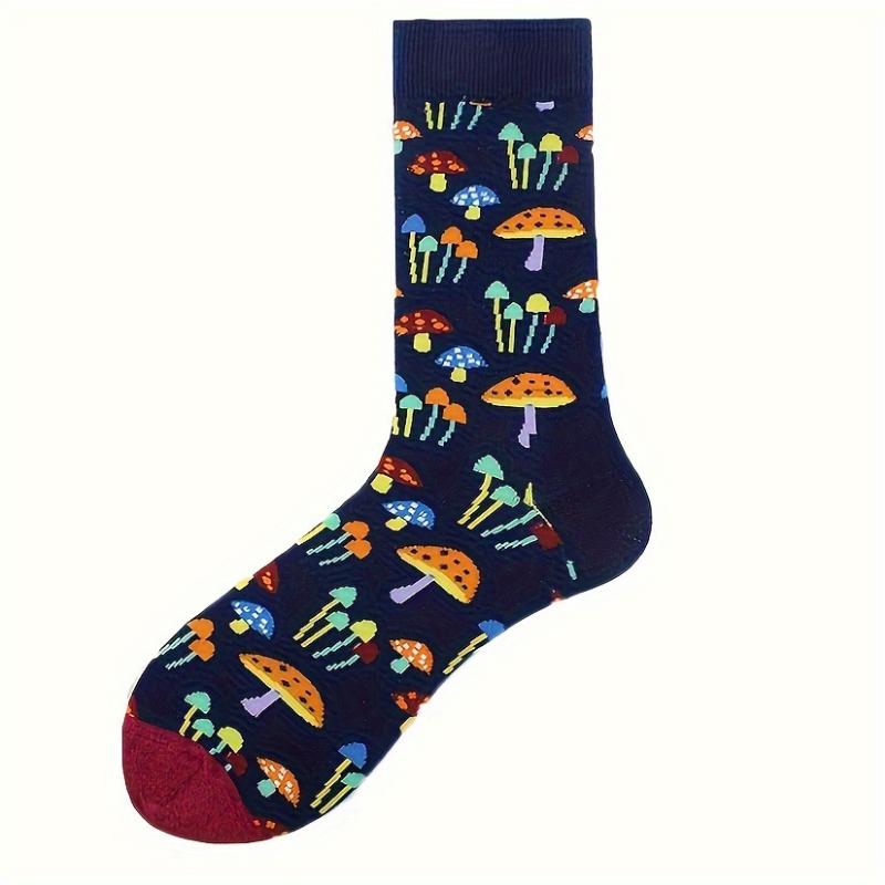 Mushroom Pattern 3 Pairs Of Men's Trendy Cartoon Pattern Crew Mid-calf Socks, Breathable Comfy Casual Unisex Socks For Men's Outdoor Wearing All Seasons Wearing