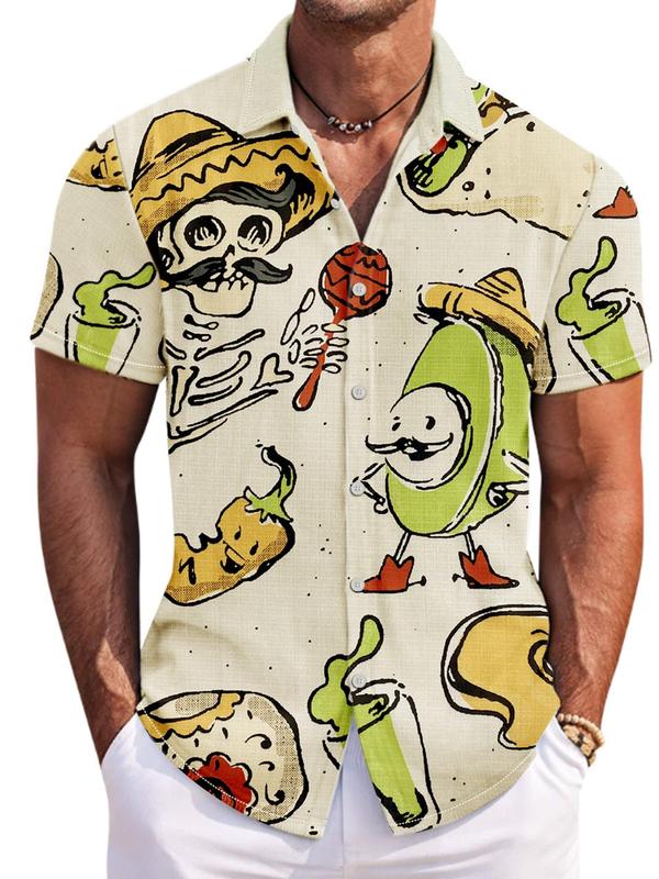 Men's Regular Fit Cartoon Skull Print Button Front Shirt, Casual Comfy Short Sleeve Collar Shirt for Summer, Fashion Men's Clothes