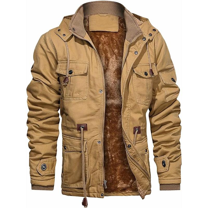 Men's Thick Winter Jackets with Hood Fleece Lining Cotton Military Jackets Work Jackets with Cargo Pockets Outwear Men's Designer Clothes, Regular Fit Casual Warm Long Sleeve Outerwear for Fall & Winter, Streetwear, Fall Jackets for Men