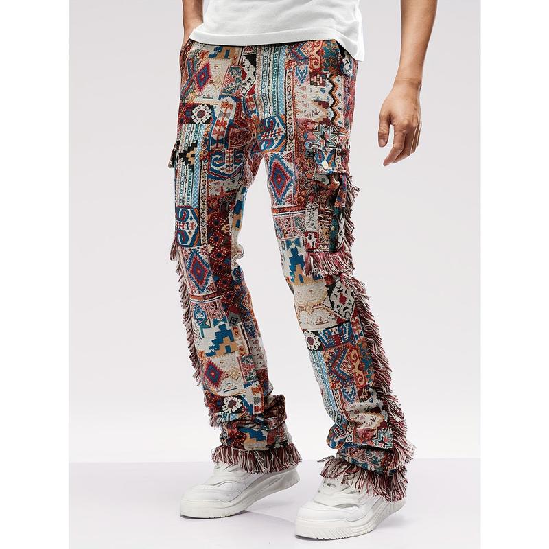 Butterfly Pattern & Raw Hem Design Men's Vintage Street Loose Straight Leg Long Pants, Men's Hip Hop Style Denim Pants For Outdoor