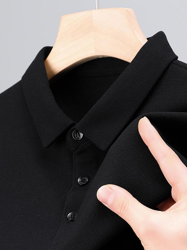 Men's Solid Long Sleeve Polo Shirt, Regular Fit Casual Button Collared Top for Spring & Fall, Fashion Men's Clothes for Daily Wear