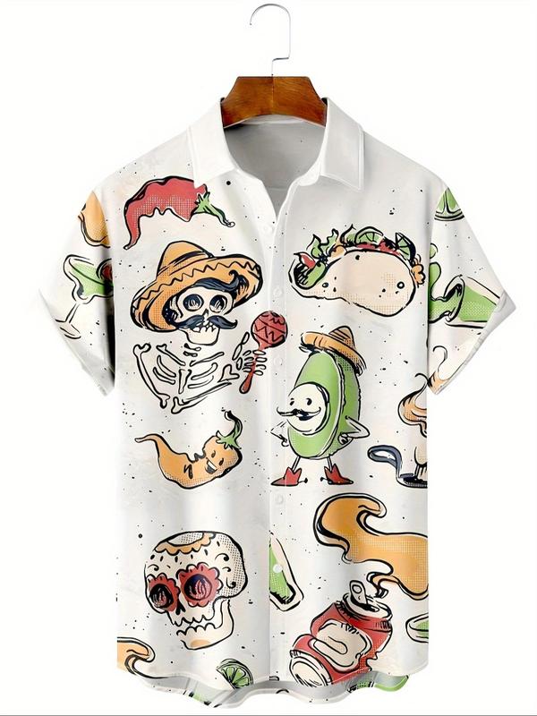 Men's Regular Fit Cartoon Skull Print Button Front Shirt, Casual Comfy Short Sleeve Collar Shirt for Summer, Fashion Men's Clothes