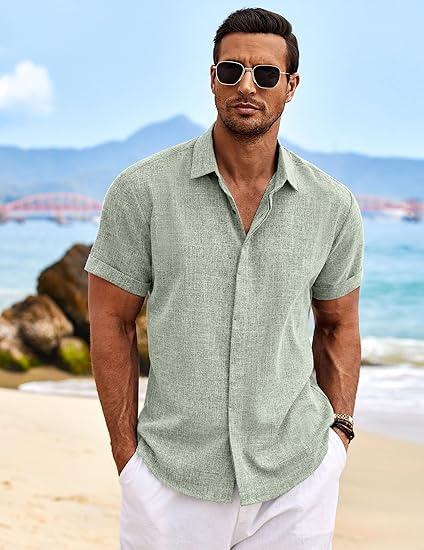 COOFANDY Summer Clearance Men's Linen Shirts Short Sleeve Casual Shirts Button Down Shirt for Men Beach Summer Wedding Shirt Menswear Fashion