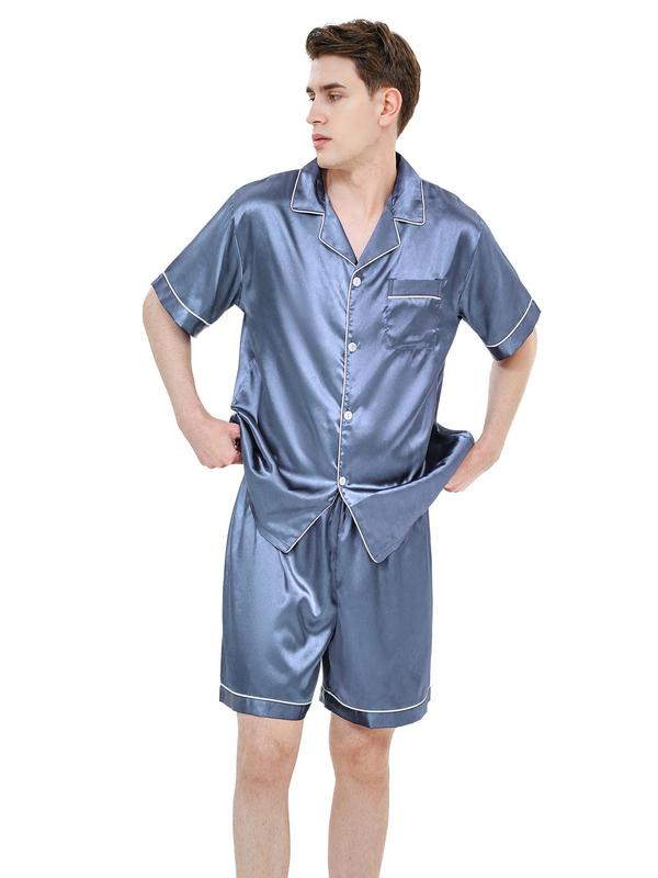 2 Pieces Men's Satin Contrast Binding Pyjama Set, Casual Pocket Shirt & Sleep Shorts, Mens Nightwear, Summer Clothes, Men's Sleepwear & Loungewear Set, Men's Clothing Wear