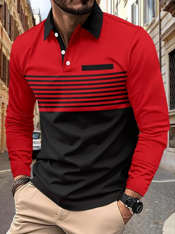 Men's Colorblock Striped Print Polo Shirt, Regular Fit Casual Long Sleeve Button Front Top for Spring & Fall, Fashion Men's Clothes for Daily Wear