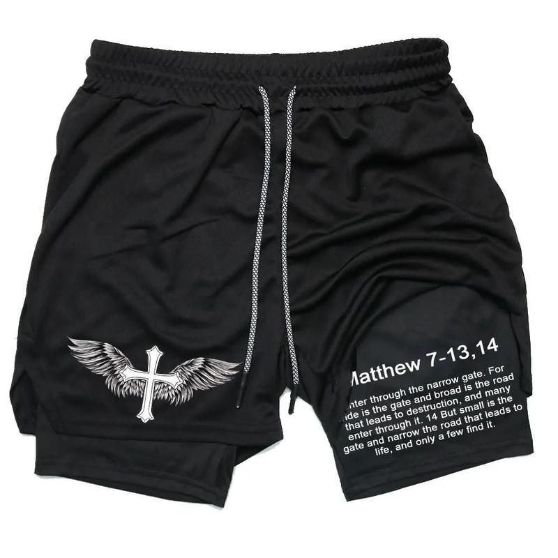 John 3:16 The Cross Performance Shorts Shorts Men's Cross & Letter Print 2 in 1 Drawstring Waist Shorts, Loose Casual Pocket Track Shorts for Summer, Fashion Men's Bottoms for Daily Wear athletic sport fall sport athletic short